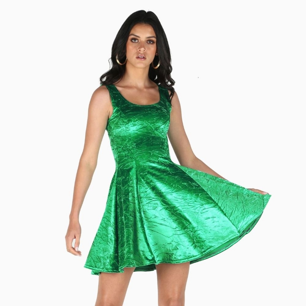Green Crushed Velvet Evil Skater Dress